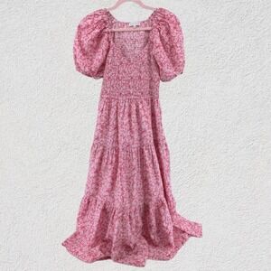 Moon River Pink Floral Smocked Puff Sleeve Tiered Maxi Dress Small Cottagecore